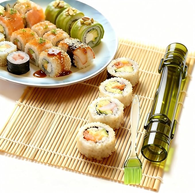 Sushi Making Kit – Clear Sushi Bazooka Roller & Bamboo Sushi Rolling Mat, Easy DIY Sushi Maker Tool Set for Beginners, Homemade Sushi Rolls for Kitchen & Party (Clear Green)