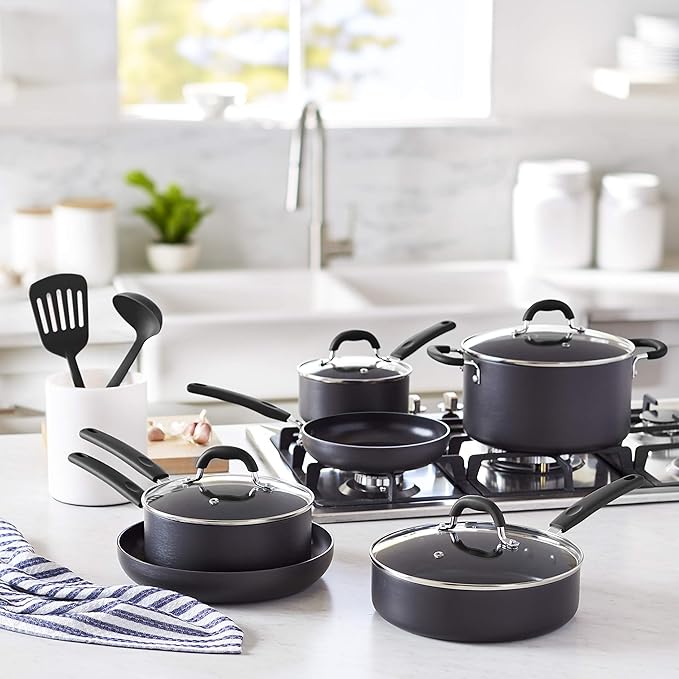 Amazon Basics Hard Anodized Non-Stick 12-Piece Cookware Set, Pots, Pans and Utensils, Black