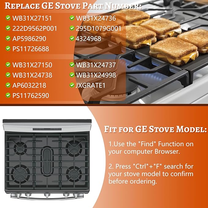 Stove Grates for GE Gas Stove Burner Grate Range Oven Rack WB31X27150 WB31X27151 Replacement Parts Cast Iron Flat Plate General Electric Cooktop 3 Pack