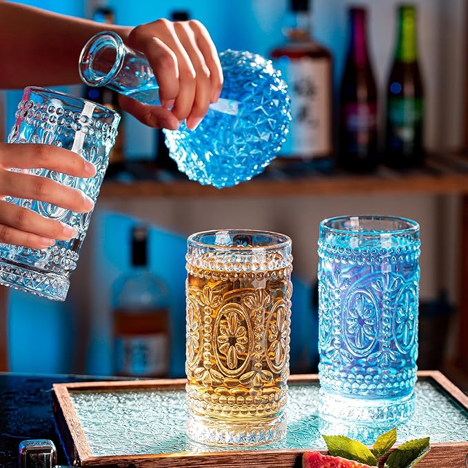 Vintage Drinking Glasses Set - 12 Pcs Romantic Highball Tumblers, 15oz Cups for Water, Mojito, Cocktail, Whiskey, Juice - Tall Glassware