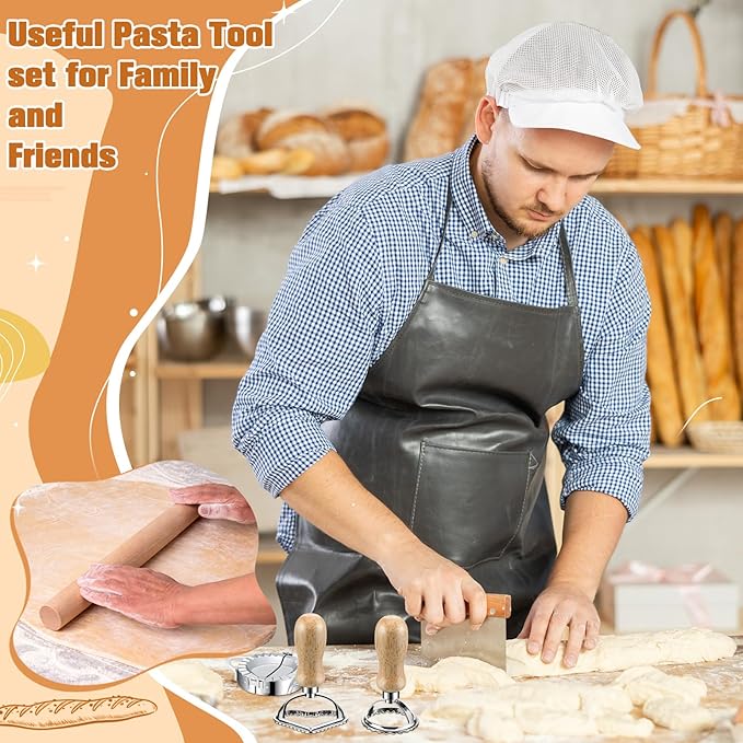 11 Pcs Pasta Making Tools Kit - Pasta Drying Rack, Gnocchi Board,Pasta Cutter, Ravioli Stamps, Wood Threaded Pasta Roller Pin Set, Noodle and Dumplings Maker