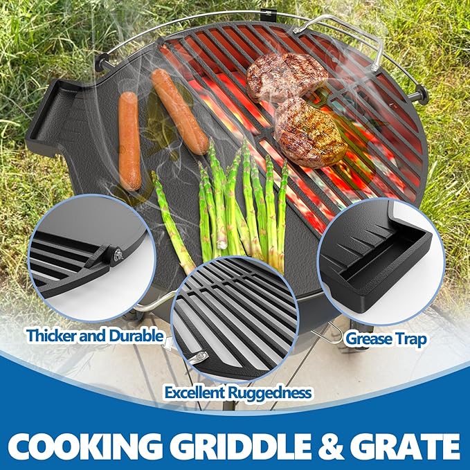 SafBbcue Cast Iron Griddle & Grate for Weber 22" Kettle Charcoal Grill Accessories, Foldable Cooking Grate & Griddle for Cuisinart CHA-830 Cleanburn Fire Pit Cook Top, Outdoor Campfire BBQ Parts
