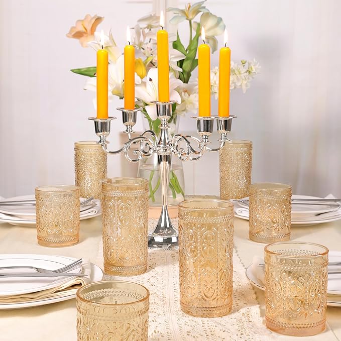 abrwyy Amber Glassware set of 4, Vintage Drinking Glasses, 10oz Heavy Duty Glass Cups, Colored Glassware Set, Embossed Glasses Set for Party Wedding Home Office Gift