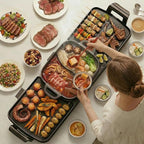 Electric Hot Pot and Grill Combo, Korean BBQ Indoor Smokeless Grill with Nonstick Surface,Large Tabletop Cooker for Family & Party, Includes Cooking Tool Set (Ladle, Strainer, Tongs, Oil Brush)