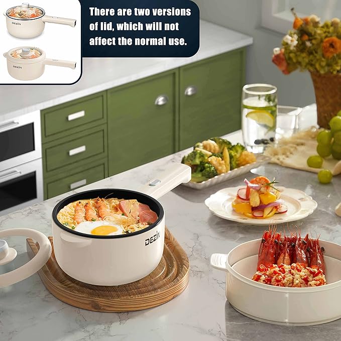 Dezin Hot Pot Electric, 2L Non-Stick Sauté Pan, Rapid Noodles Cooker, Mini Portable Pot for Steak, Egg, Fried Rice, Ramen, Oatmeal, Soup with Power Adjustment & Spatula, College Dorm Room Essential