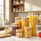 Multi Size - 5 Pack Square Glass Jars with Bamboo Lids, Glass Food Storage Containers with Airtight Lids for Kitchen, Air Tight Pantry Storage Containers for Cereal, Pasta, Rice, Sugar, Coffee, Spice