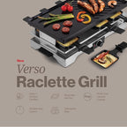 Swissmar Verso Indoor & Outdoor Raclette Grill with Cast Iron Reversible Griddle / Grill Top - 1700W Electric Raclette Set with PFAS-Free Nonstick Dishes, Variable Heat Control, 8-Person