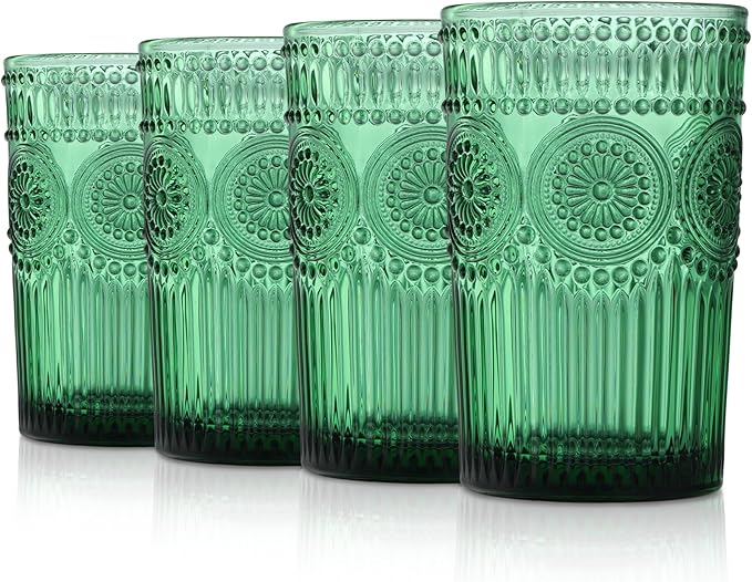 Joeyan Green Vintage Drinking Glasses,Embossed Ribbed Water Glass Cups,Colored Sunflower Patterned Highball,Beaded Tumblers Glassware Set for Beverages Juice,12 oz,Set of 4,Dishwasher Safe