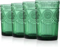 Joeyan Green Vintage Drinking Glasses,Embossed Ribbed Water Glass Cups,Colored Sunflower Patterned Highball,Beaded Tumblers Glassware Set for Beverages Juice,12 oz,Set of 4,Dishwasher Safe