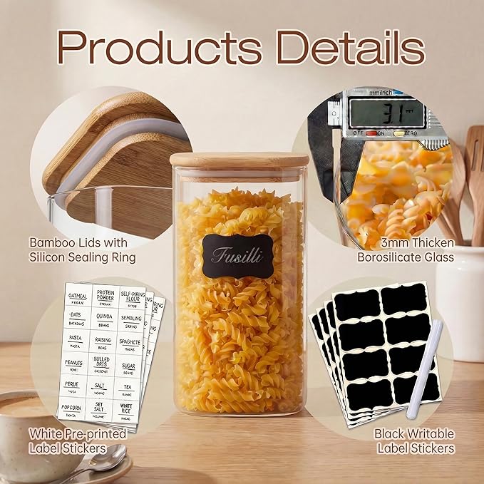HomArtist Square Glass Jars with Bamboo Lids [Muti Size Set of 5], Glass Canisters with Airtight Lids, Glass Food Storage Containers for Pasta, Cereal, Flour, Sugar, Best for Kitchen & Pantry