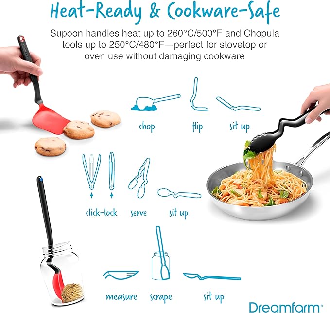 Dreamfarm Everyday Kitchen Essentials (Red) - Clongs Lite Click‑Lock Tongs, Supoon & Mini Supoon Scraper Spoons, Chopula & Mini Chopula Spatulas – Heat‑Resistant Nylon/Silicone for Cooking & Baking
