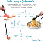 Dreamfarm Everyday Kitchen Essentials (Red) - Clongs Lite Click‑Lock Tongs, Supoon & Mini Supoon Scraper Spoons, Chopula & Mini Chopula Spatulas – Heat‑Resistant Nylon/Silicone for Cooking & Baking