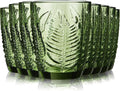 Reallnaive Green Drinking Glasses Set of 8, Boho Aesthetic Vintage Glassware Fern Carving Textured Tumbler Water Cups Embossed Pattern Drinkware Cocktail Glasses Set for Xmas Gifts(10 oz,Lowball)