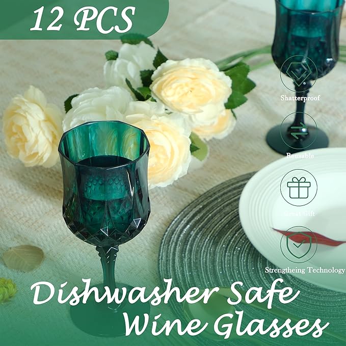 Plastic Wine Glasses, Plastic Goblets Vintage Style Cordial Unbreakable Drinking Glasses, Reusable Drinkware for Wedding Reception, Grand Event Party Supplies (12, Green)