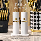Wooden Salt and Pepper Grinder Set – Refillable Manual Salt and Pepper Mills with Adjustable Ceramic Burrs, Gold Detailing, and Wood Stand – White