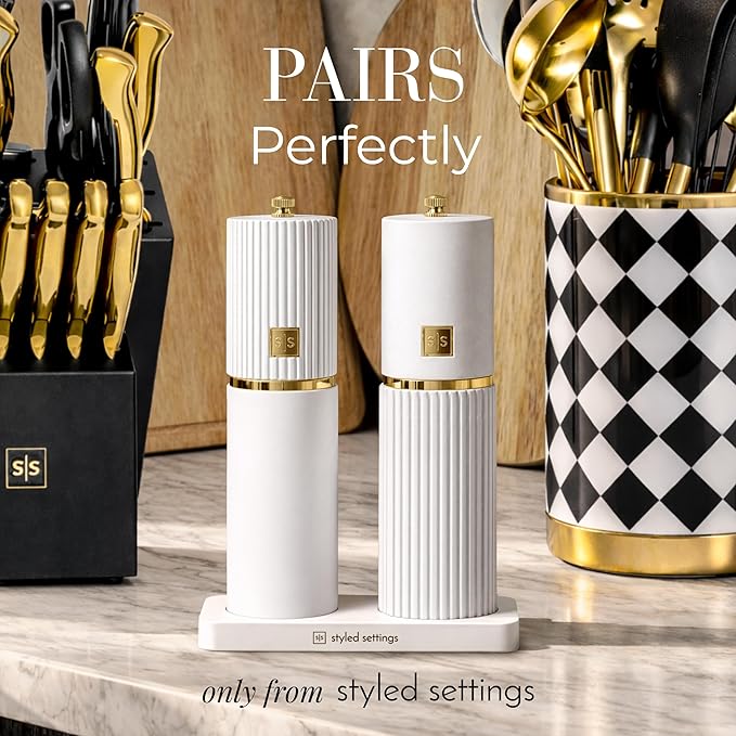 Wooden Salt and Pepper Grinder Set – Refillable Manual Salt and Pepper Mills with Adjustable Ceramic Burrs, Gold Detailing, and Wood Stand – White