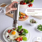 Electric Salt and Pepper Grinder Set - Stainless Steel Battery Operated Salt & Pepper Mills with Light (Pack of 2) - Automatic One Handed Operation Adjustable Ceramic Grinders