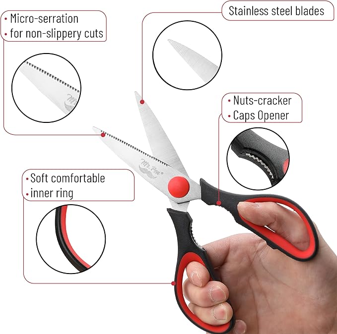 Mr. Pen- All Purpose Kitchen Shears with Protective Sheath, 8 Inch, Dishwasher Safe, Stainless Steel Food Scissors with Micro-Serrated Blades, Durable Utility Kitchen Shears, Black & Red