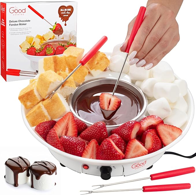 Electric Fondue Maker Deluxe Set w 4 Forks- Removable Serving Tray for Cheese & Chocolate Melting, Warming Setting- XMAS Candy Bar Melter, Holiday Party Must Have- Appetizers Desserts- Gift for Host
