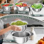 Stainless Steel Colanders with Mixing Bowl - 2.0QT & 2.0QT Strainer and Colander with Handle, 3.0QT Nesting Kitchen Bowl with Colander For Pasta, Vegetables, Fruit, Rice, 3PCS