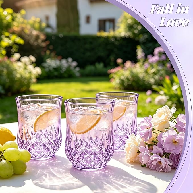 40 Pack Plastic Stemless Wine Glasses,12oz Unbreakable Vintage Elegant Drinking Glass Set,Reusable Fancy Cocktail Cups for Party, Wedding, and Bulk Events (40, 12oz-Purple)