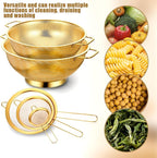 Strainers and Colanders Set, 2 PCS Stainless Steel Colander and 3 PCS Fine Mesh Strainer Gold Metal Pasta Rice Colanders & Food Strainers with Handles for Kitchen, Dishwasher Safe (5 Quart+4 Quart)