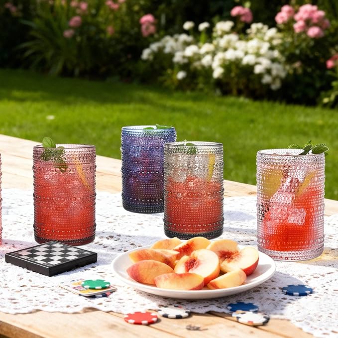 Gray Hobnail Drinking Glasses Set of 6,15 oz Vintage Highball Glasses,Drinkware Kitchen Glasses for Cocktail,Iced Coffee,Beer,Ice Tea,Wine,Whiskey,Water