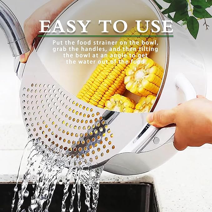 TJ POP Pot Strainer Stainless Steel, Pasta Strainer, Premium Metal Food Strainer for Noodles Fruit Veggies, Suitable for Pots or Containers Up to 10 Inches