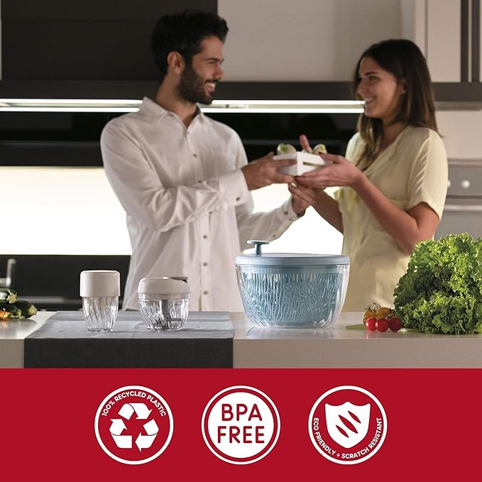 GUZZINI 10" Salad Spinner with Lid - Matte Blue, Wash, Spin & Dry Vegetables, Fruits, Salad, Built in Draining - Fruit Washer Fruit Dryer, Home Gadgets & Kitchen Tools
