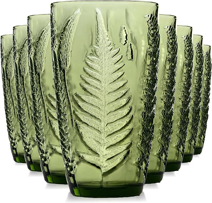 16 oz Green Fern-Embossed Tumblers – Set of 8 Drinking Glasses, Artisanal-Style Vintage Textured Glassware for Water, Sparkling Drinks, Lemonade & Mocktails – Retro Boho Kitchen & Home Table Decor