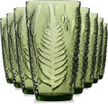 16 oz Green Fern-Embossed Tumblers – Set of 8 Drinking Glasses, Artisanal-Style Vintage Textured Glassware for Water, Sparkling Drinks, Lemonade & Mocktails – Retro Boho Kitchen & Home Table Decor