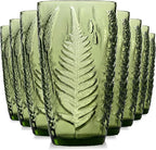 16 oz Green Fern-Embossed Tumblers – Set of 8 Drinking Glasses, Artisanal-Style Vintage Textured Glassware for Water, Sparkling Drinks, Lemonade & Mocktails – Retro Boho Kitchen & Home Table Decor