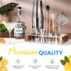 Mixology Bartender Kit with Stand - 15 Piece Bar Tool Set, Silver Bar Set Cocktail Shaker Set for Drink Mixing - Includes Martini Shaker, Jigger, Strainer, Bar Mixer Spoon, Tongs, Opener | Gift Idea