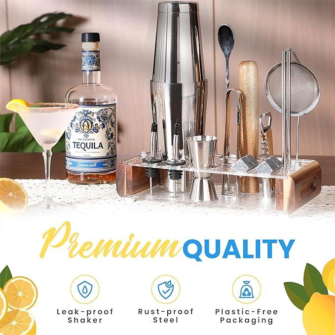 Mixology Bartender Kit with Stand - 15 Piece Bar Tool Set, Silver Bar Set Cocktail Shaker Set for Drink Mixing - Includes Martini Shaker, Jigger, Strainer, Bar Mixer Spoon, Tongs, Opener | Gift Idea