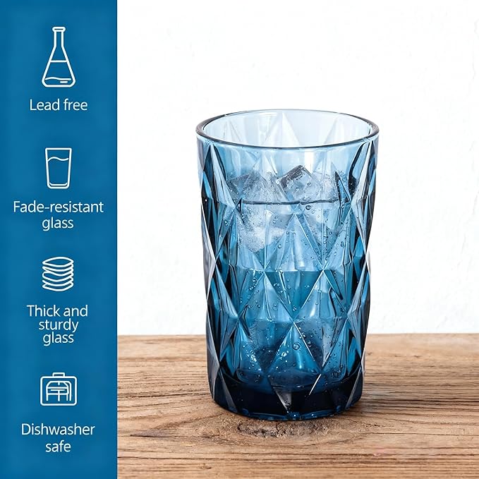 Bandesun Drinking Glass set of 6 Modern Glassware Diamond Pattern Tumbler Cup（12 OZ），for Water，Cocktail，Milk，Juice and Beverage