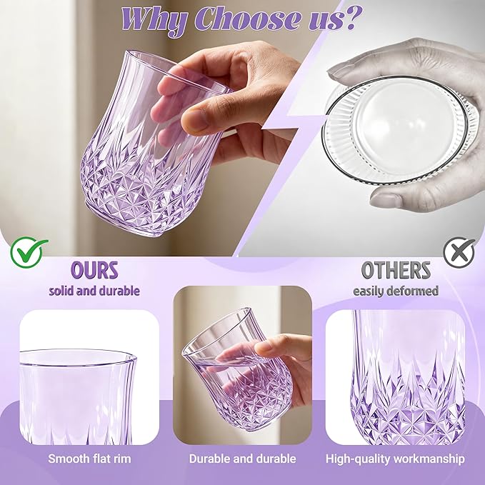 12 Pack Plastic Stemless Wine Glasses,12oz Unbreakable Vintage Elegant Drinking Glass Set,Reusable Fancy Cocktail Cups for Party, Wedding, and Bulk Events (12, 12oz-Purple)