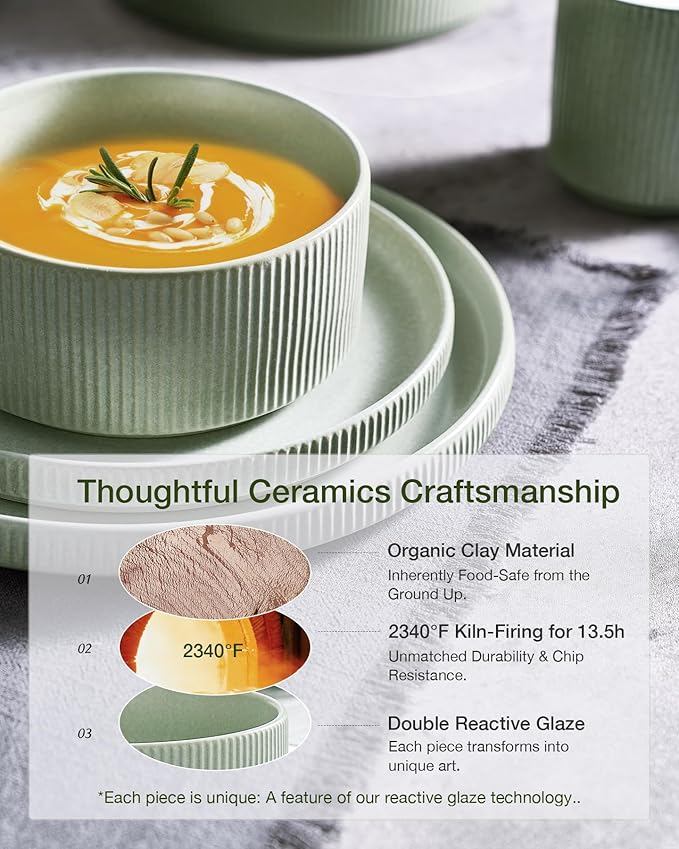 Famiware Star 12-Piece Stoneware Dinnerware Sets, Service for 4 - Handcrafted Reactive Glaze Plates and Bowls, Modern Rustic Dishes, Chip/Scratch Resistant, Microwave/Dishwasher Safe, Matte Sage Green