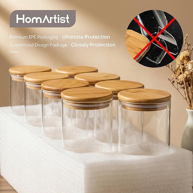HomArtist 17oz - 4 Pack Glass Jars with Bamboo Lids, Glass Food Storage Containers with Airtight Lids, Air Tight Pantry Storage Containers for Coffee, Sugar, Spice, Meal Prep Jars for Salad & Fruit