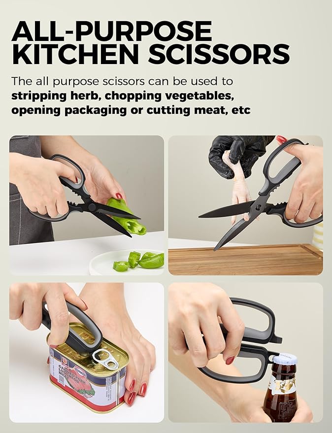 Heavy Duty Kitchen Shears, All Purpose Herb and Kitchen Scissors for food,Japanese 420J2 Stainless Steel,Titanium Coated, Detachable Blades and Soft TPR Handle,Dishwasher Safe
