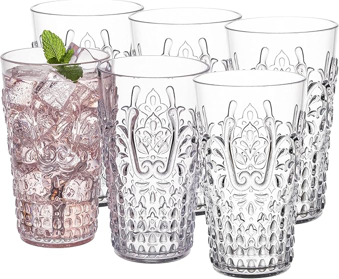 KLIFA- BLOIS- 20.5 ounce, Set of 6, Acrylic Highball Drinking Glasses, BPA-Free, Stackable Plastic Drinkware, Dishwasher Safe, Vintage Looking Cups, Clear