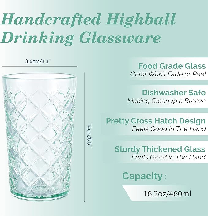 CREATIVELAND Drinking Highball Glasses Set of 4, Vintage Cross Hatch Glass Cups, 15.5oz Tall Drinking Water Glasses, Dishwasher Safe Green Glass Tumbler Glassware for Water, Juice, Cocktail, Coffee