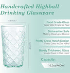 CREATIVELAND Drinking Highball Glasses Set of 4, Vintage Cross Hatch Glass Cups, 15.5oz Tall Drinking Water Glasses, Dishwasher Safe Green Glass Tumbler Glassware for Water, Juice, Cocktail, Coffee