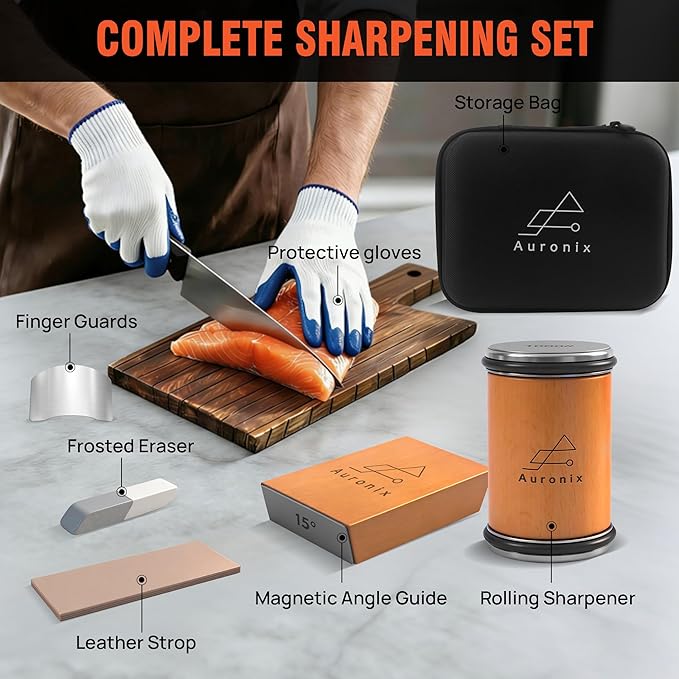 Rolling Knife Sharpener Kit with 1000 & 3000 Grit Diamond Discs, 15°/20° Magnetic Angle Guide for Kitchen Knives -Eraser, Finger Protector, Leather Strop & Carry Bag