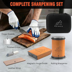 Rolling Knife Sharpener Kit with 1000 & 3000 Grit Diamond Discs, 15°/20° Magnetic Angle Guide for Kitchen Knives -Eraser, Finger Protector, Leather Strop & Carry Bag