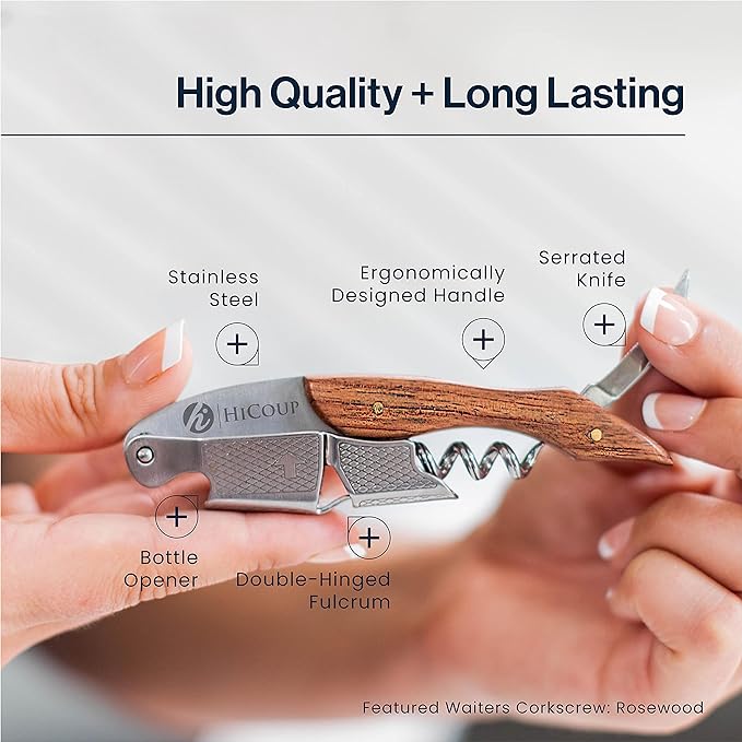 Hicoup Wine Opener - Professional Corkscrews for Wine Bottles w/Foil Cutter and Cap Remover - Manual Wine Key for Servers, Waiters, Bartenders and Home Use - Ebony Wood