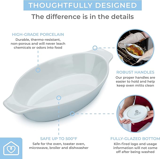 Heartland Home Porcelain Mini Casserole Dish Oval Au Gratin Dish (2pc Set). Cauliflower Au Gratin Baking Dish, Banana Split Bowls, Single Serving Casserole Dishes, Small Individual Gratin Dishes Set