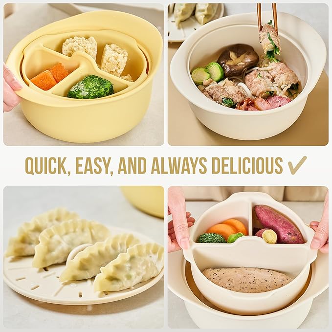 48oz Platinum Silicone 3 Compartmented Microwave Steamer Pot with Handle & Lid - Korean 100% Food-Grade Steamer Bowl, Heat-Resistant Cooker with Steam Holes, Easy Clean, Dishwasher Safe, Yellow