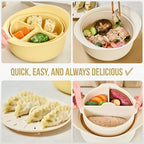 48oz Platinum Silicone 3 Compartmented Microwave Steamer Pot with Handle & Lid - Korean 100% Food-Grade Steamer Bowl, Heat-Resistant Cooker with Steam Holes, Easy Clean, Dishwasher Safe, Ivory