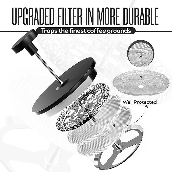 Utopia Kitchen 304 Grade Stainless Steel French Press Coffee Maker 17 Oz, Double Wall Insulated Coffee Press with 4-Level Filtration system, Include 2 Extra Filters, Rust-Free, Black