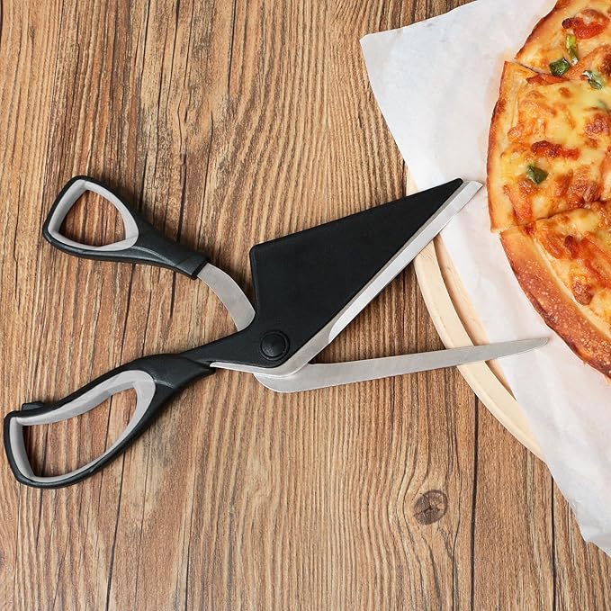 Asdirne Pizza Scissors, Pizza Cutter with Shovel, Food-Grade Sharp Stainless Steel Blade and Soft Grip Handle, Multifunctional Kitchen Scissors, 27cm, Black/Grey